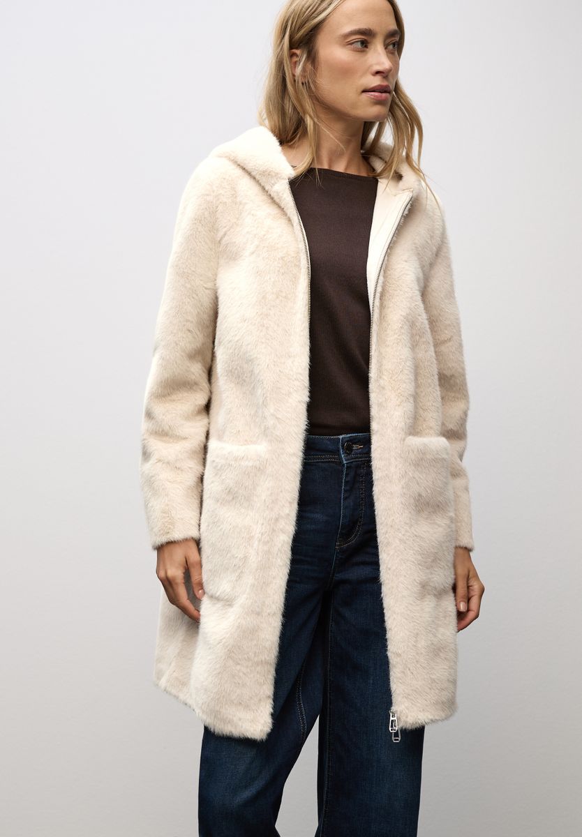 Fake Fur Mantel mit Kapuze