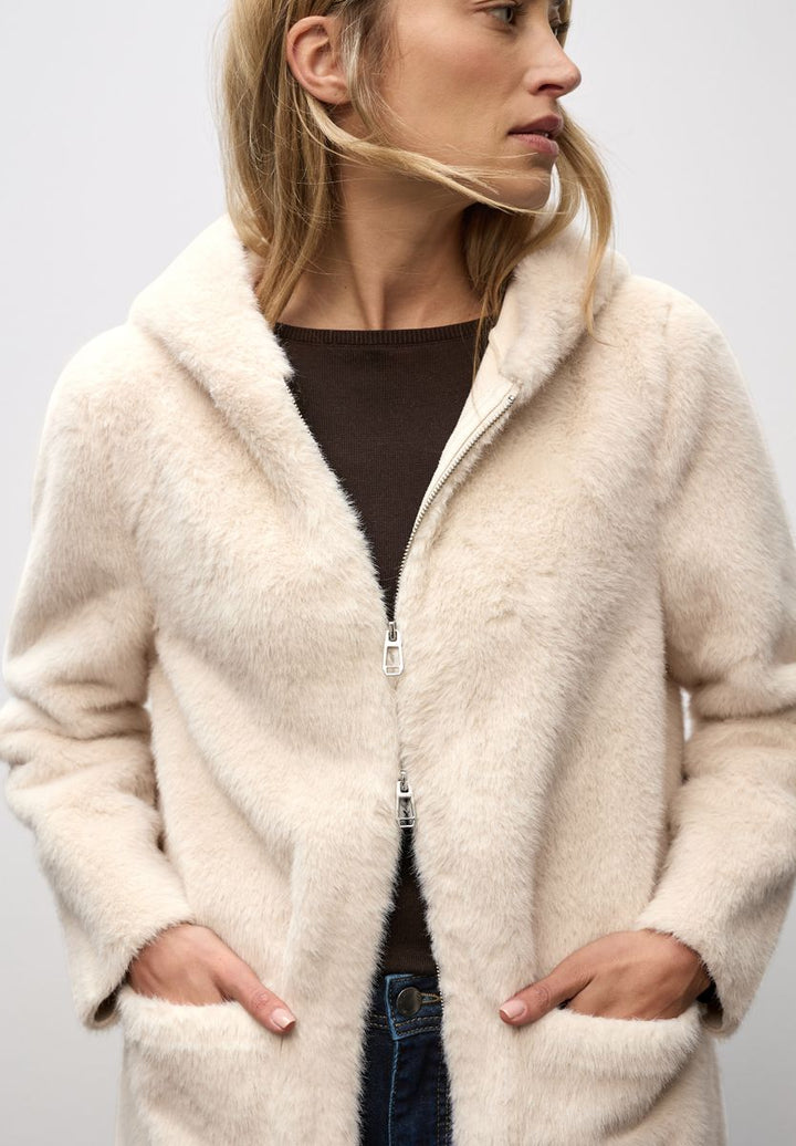 Fake Fur Mantel mit Kapuze