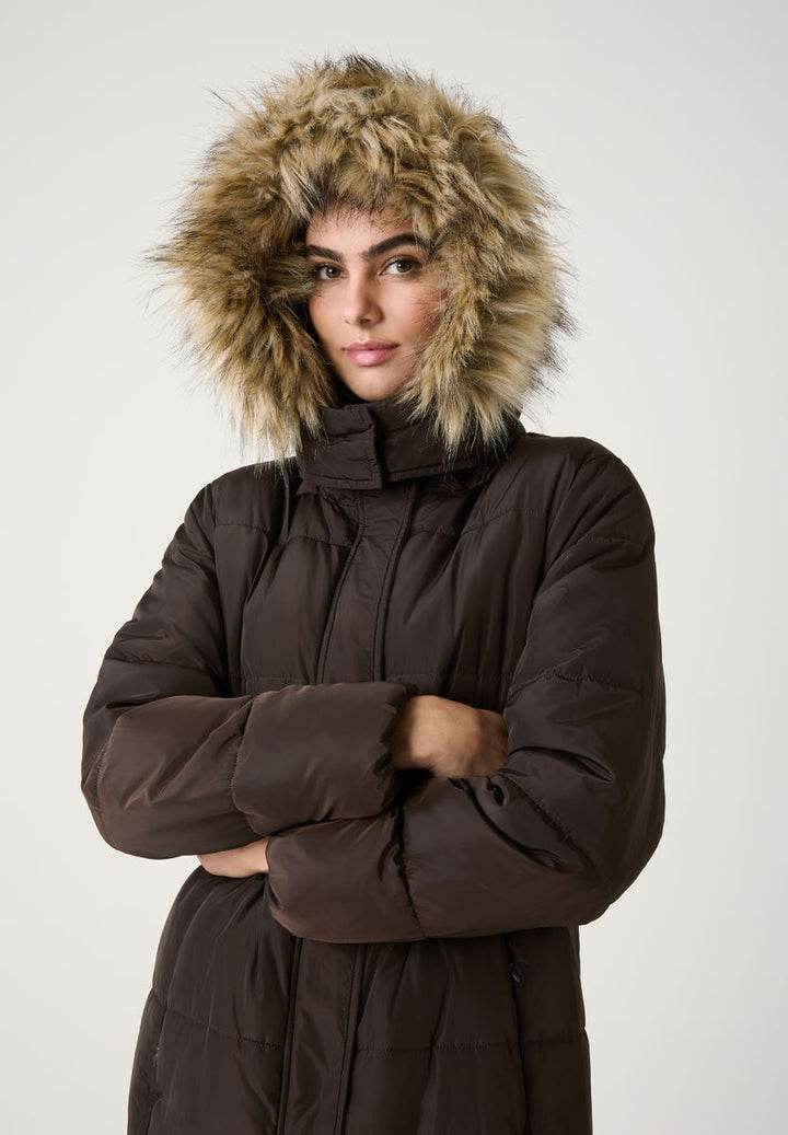 Steppmantel mit Kapuze und Kunstfellkante