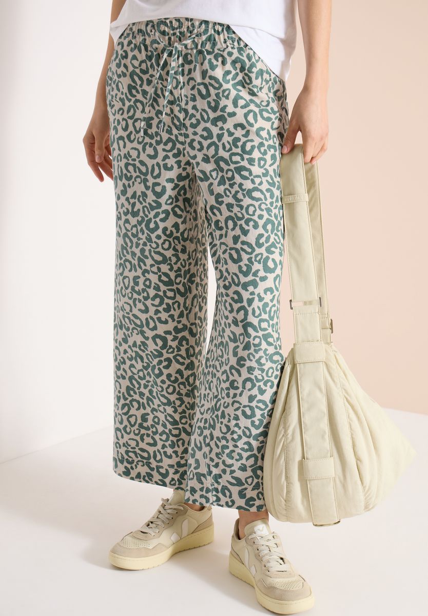 Wide Leg Hose aus Leinenmix im Leoprint