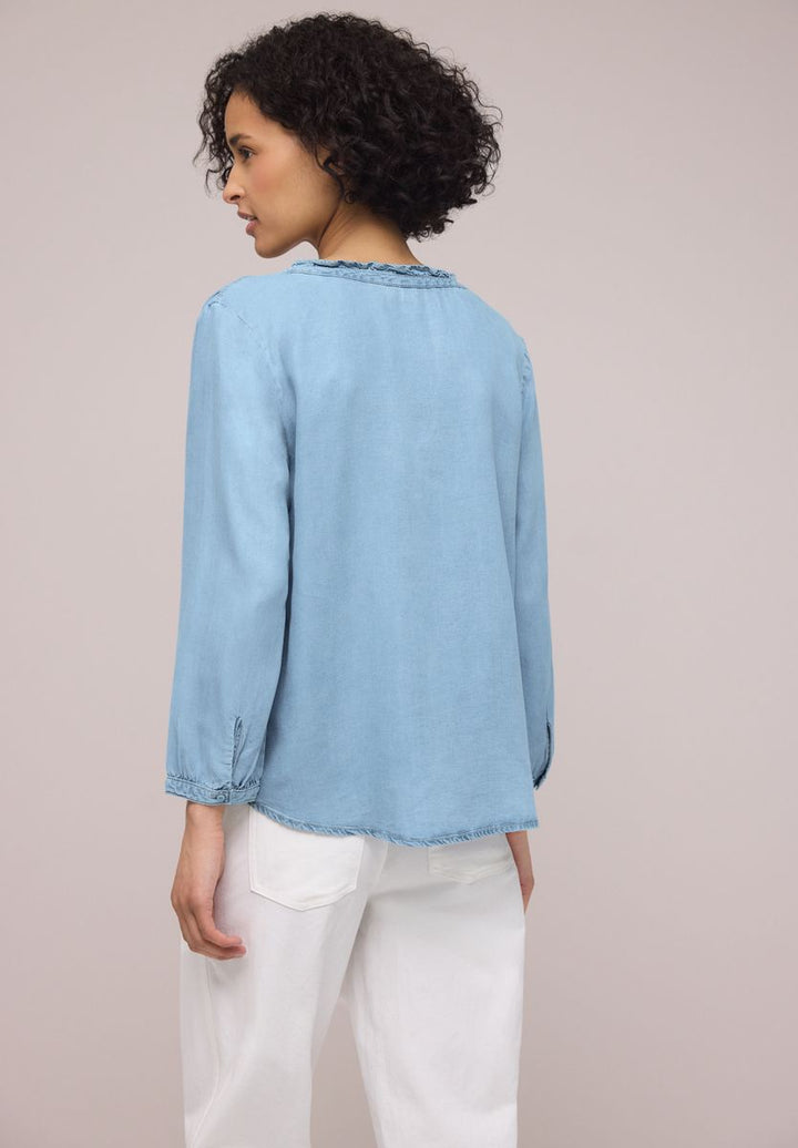 3/4-Arm Bluse mit Split Neck im Denim-Look