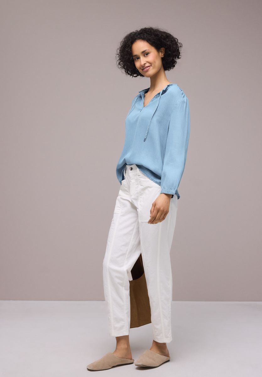 3/4-Arm Bluse mit Split Neck im Denim-Look