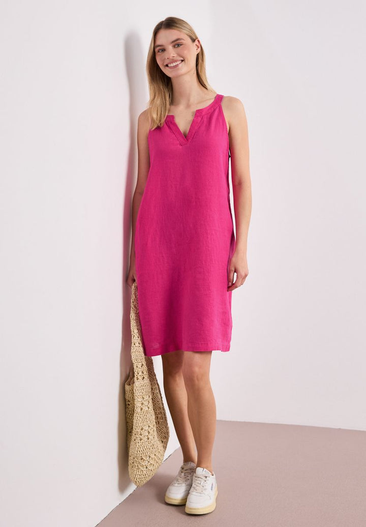 Knielanges Kleid mit Split Neck aus Leinen