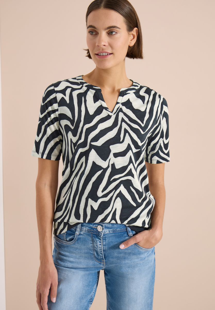 T-Shirt mit Split Neck mit Print