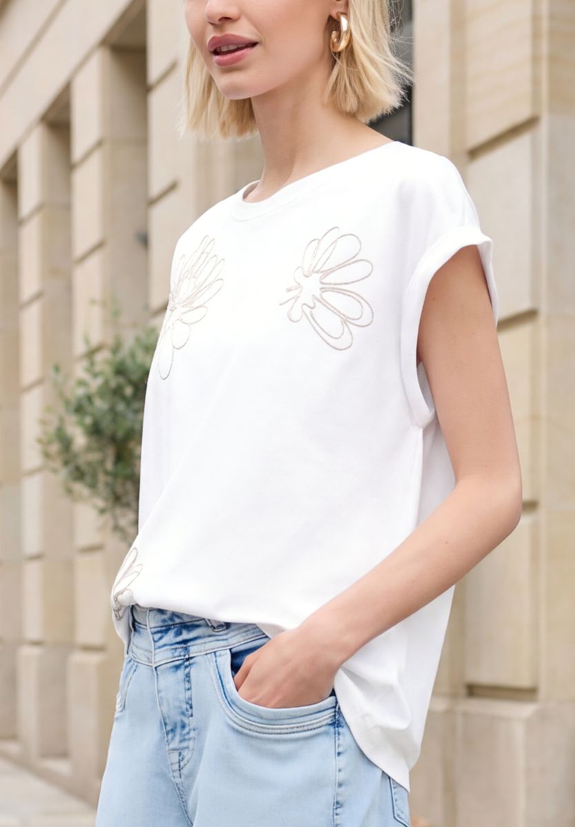 Shirt mit Rundhals und Blumen-Embroidery
