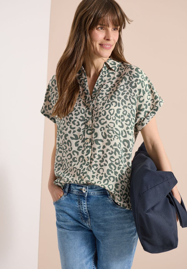 Hemdbluse mit Leo-Print aus Leinenmix