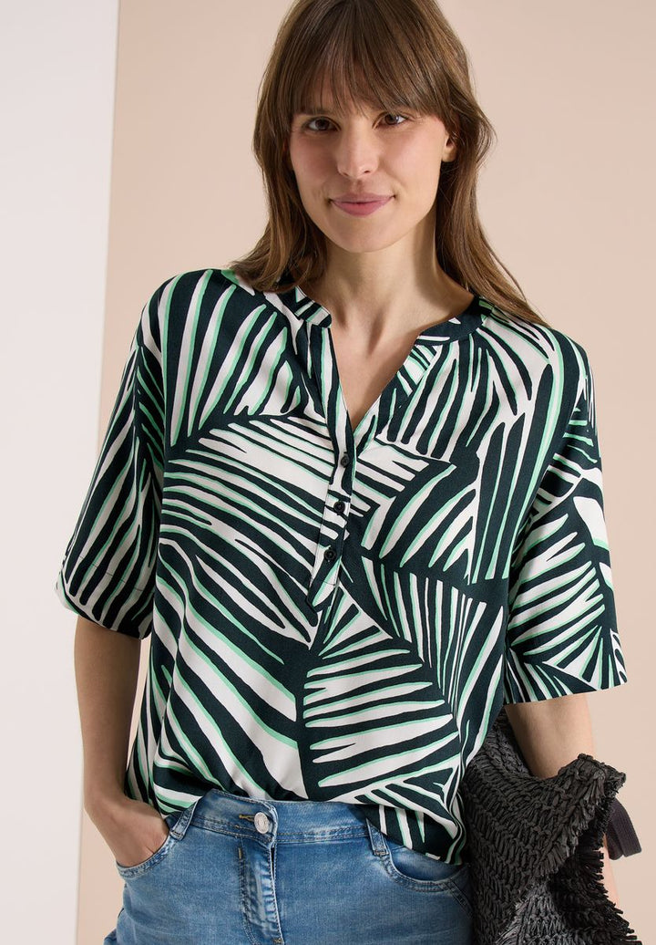 Kurzarm Bluse mit Split Neck und Print