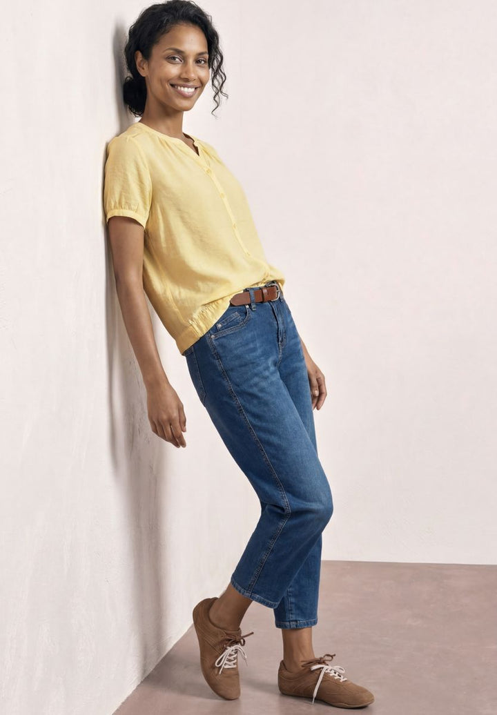 Kurzarm Bluse mit Split Neck und Knöpfen