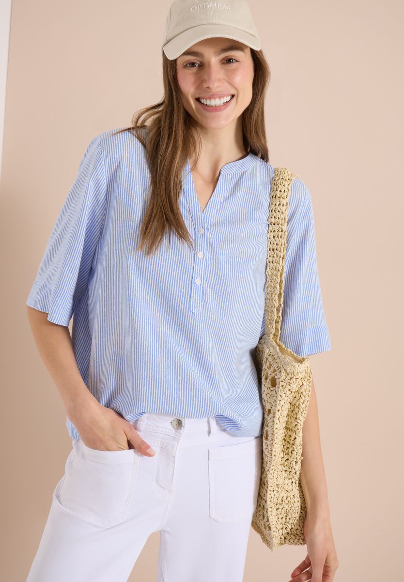 Kurzarm Bluse mit Split Neck und Streifen