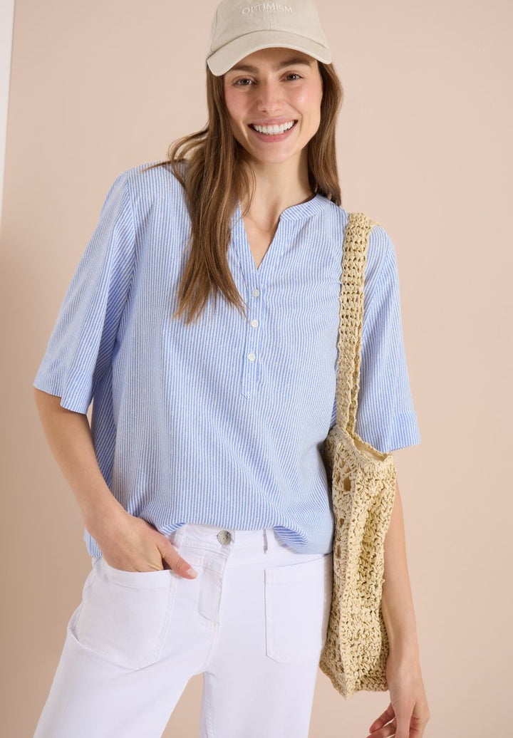 Kurzarm Bluse mit Split Neck und Streifen
