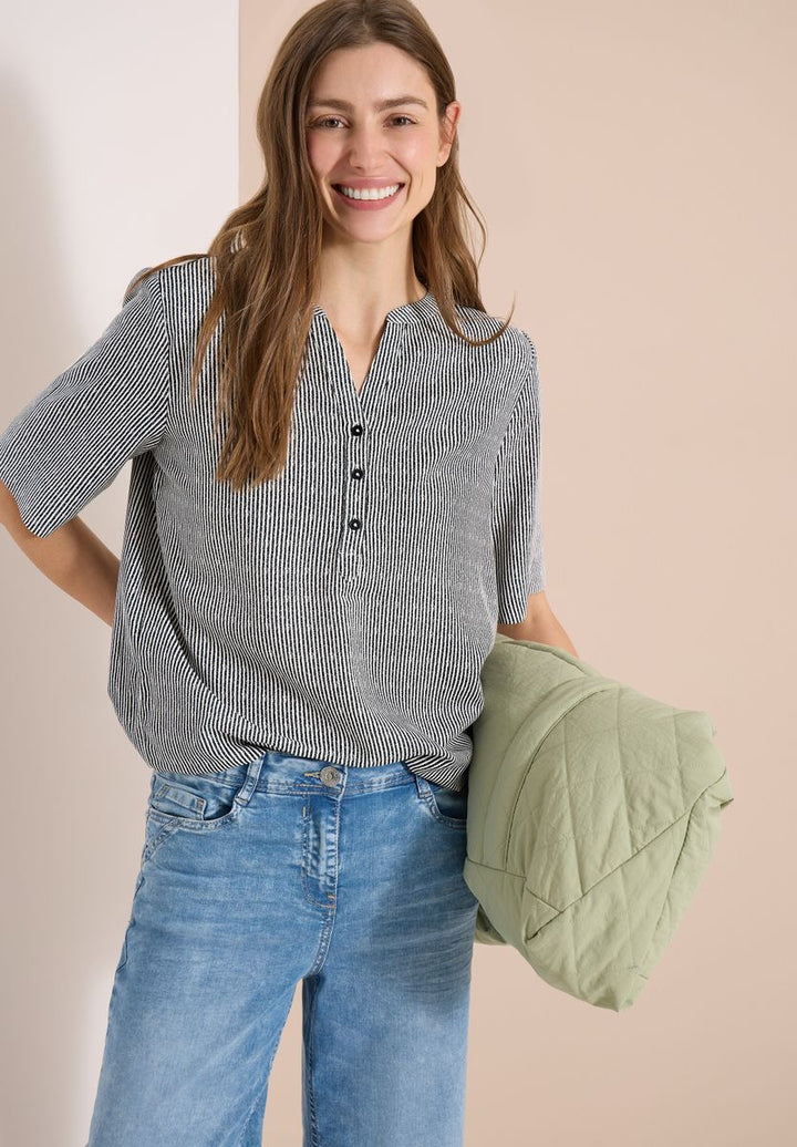 Kurzarm Bluse mit Split Neck und Streifen