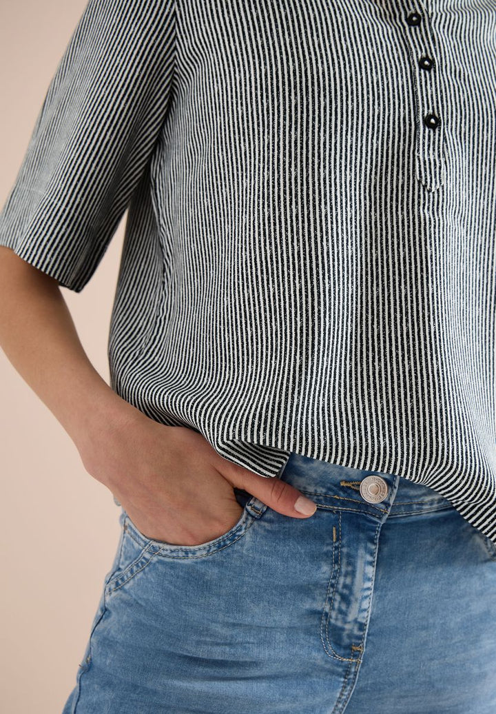 Kurzarm Bluse mit Split Neck und Streifen
