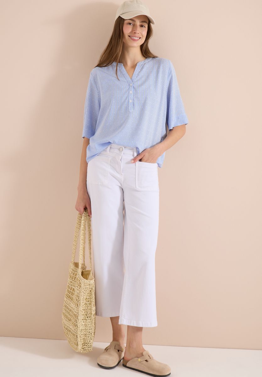 Kurzarm Bluse mit Split Neck und Streifen