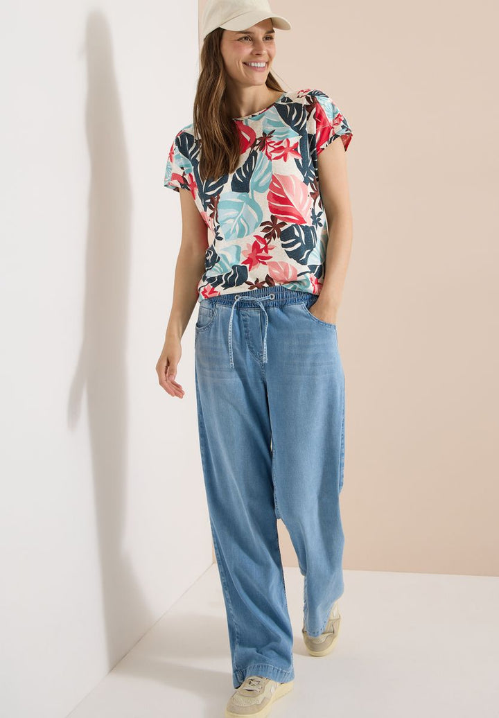 T-Shirt mit U-Boot-Ausschnitt und Print
