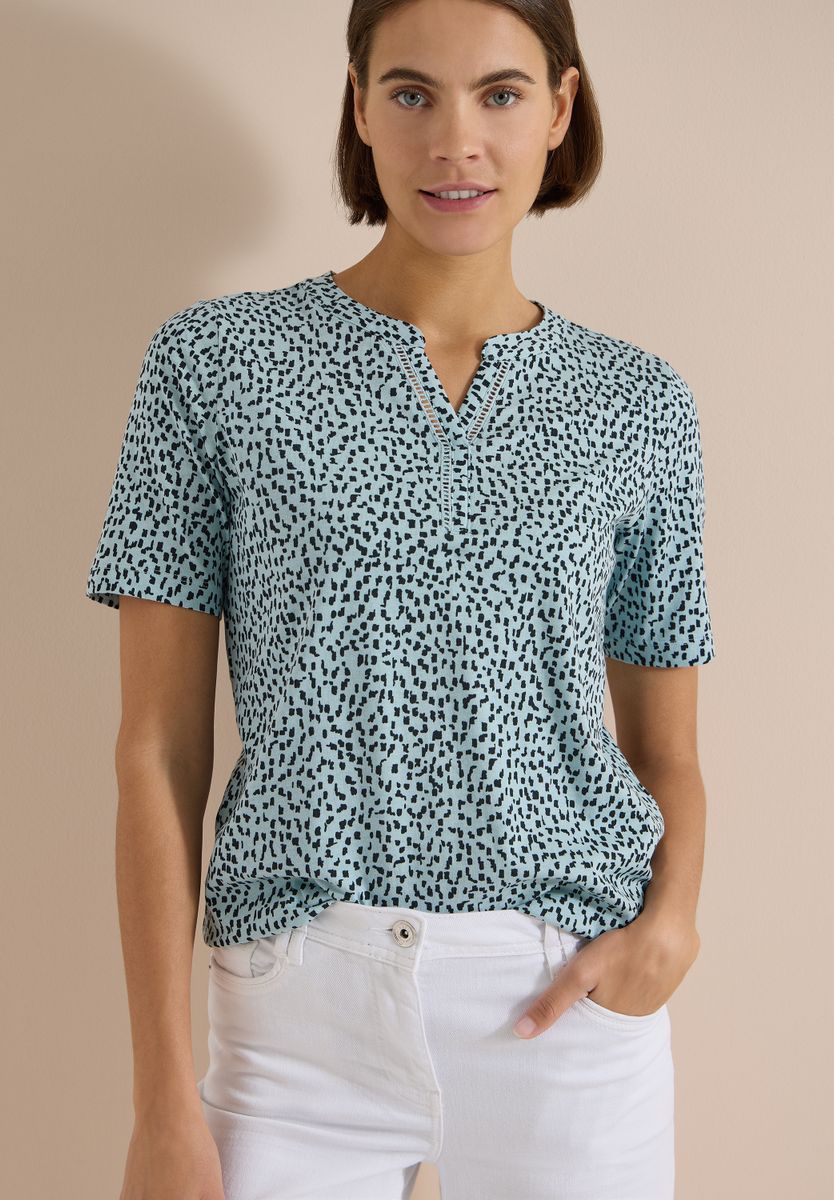 T-Shirt mit Split Neck und Print