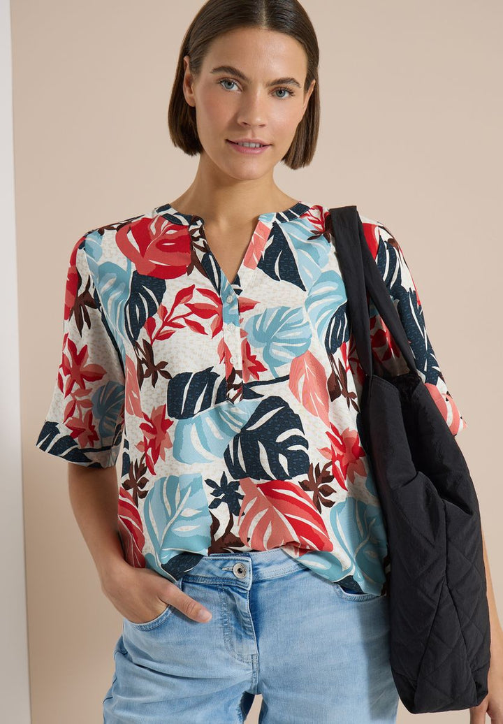 Kurzarm Bluse mit Split Neck