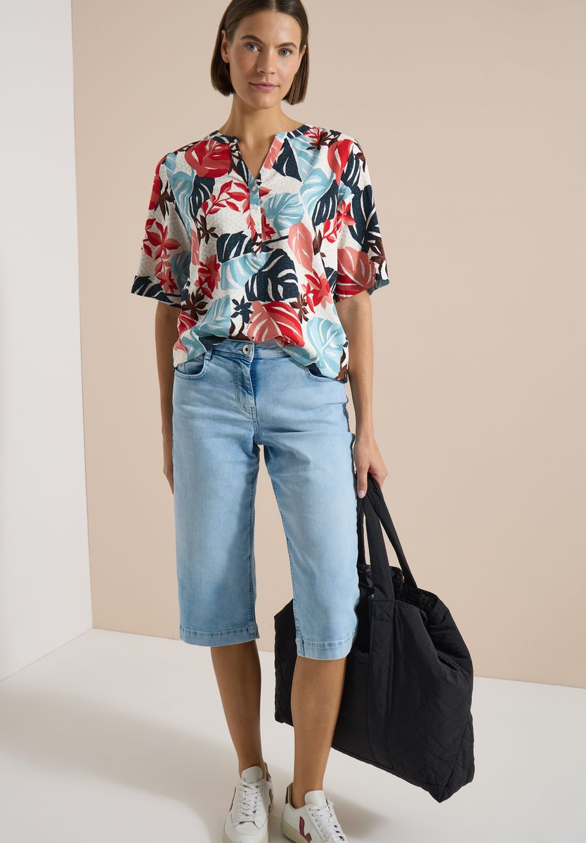 Kurzarm Bluse mit Split Neck