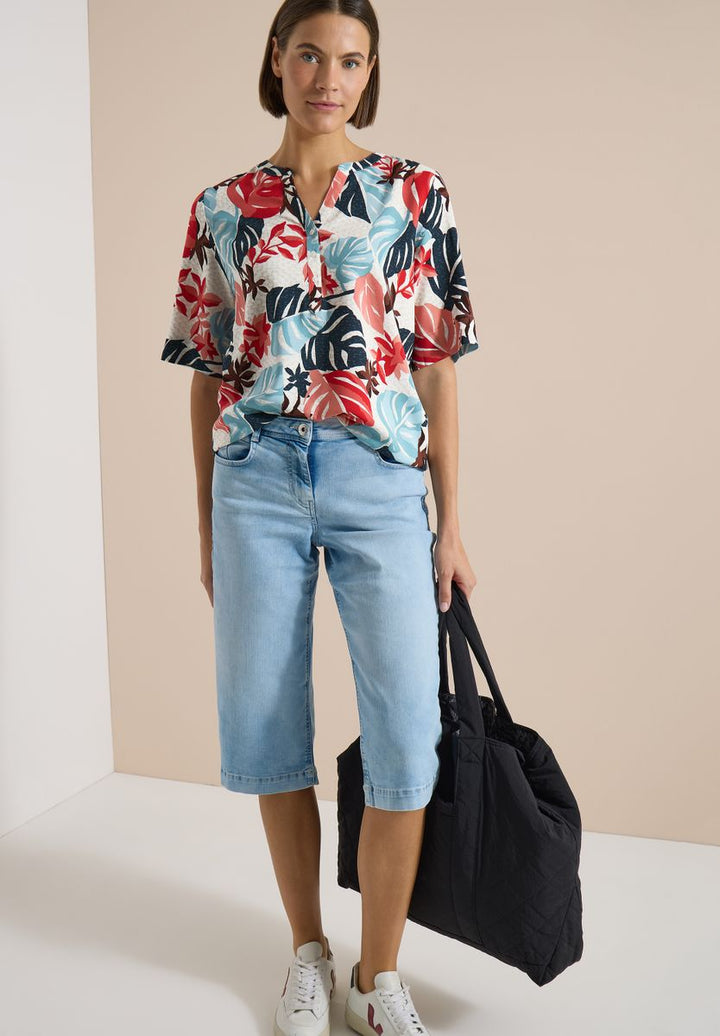 Kurzarm Bluse mit Split Neck