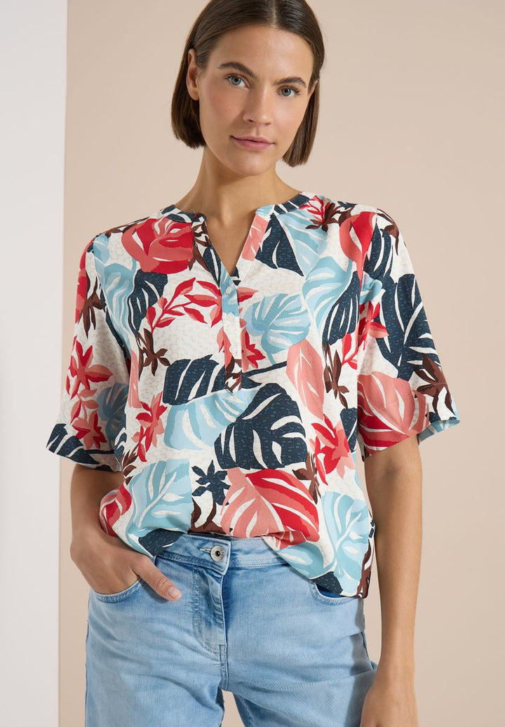 Kurzarm Bluse mit Split Neck