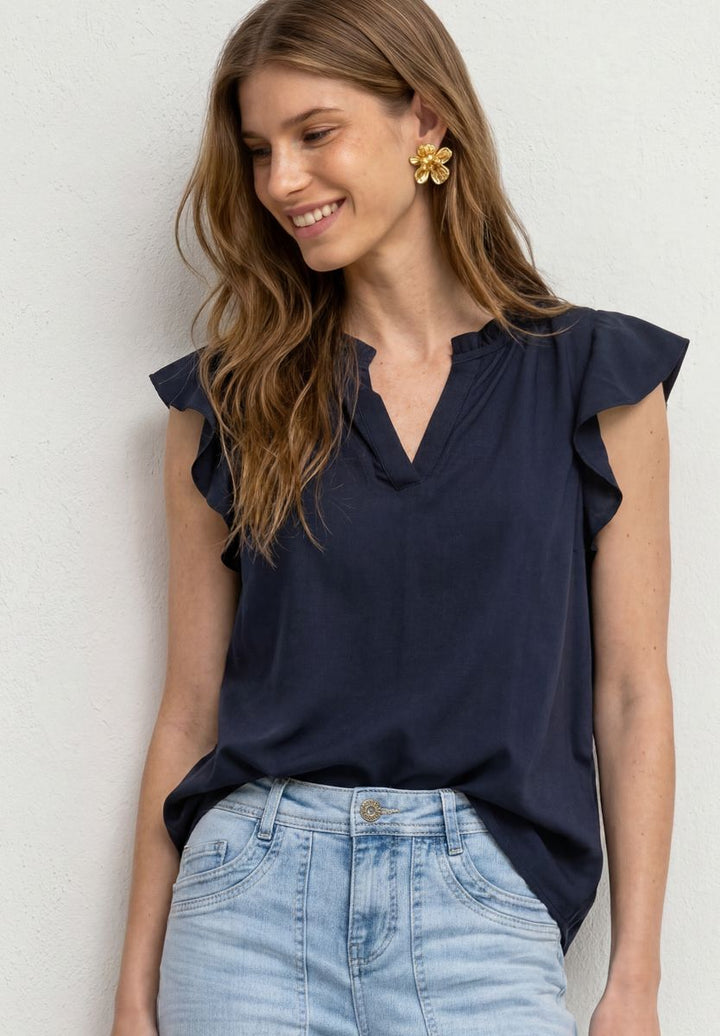 Blusenshirt mit Split Neck und Volant-Ärmeln