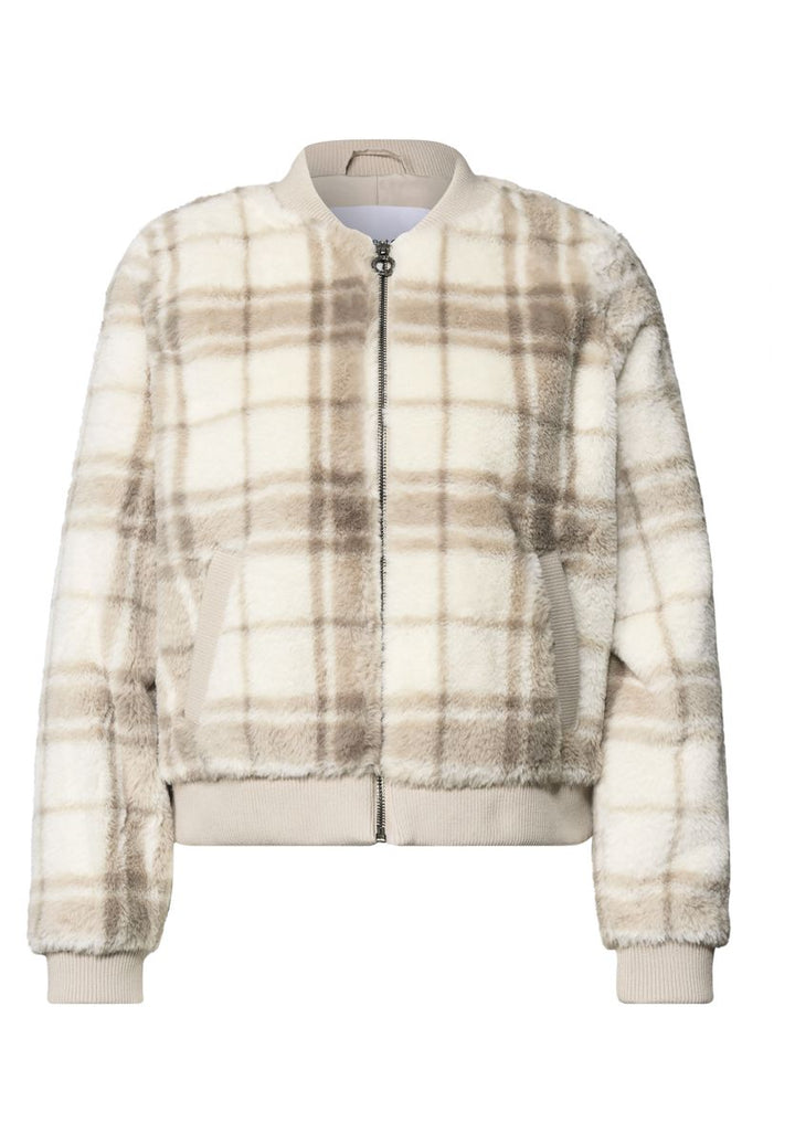 Fake Fur Blouson mit Strickdetails und Print