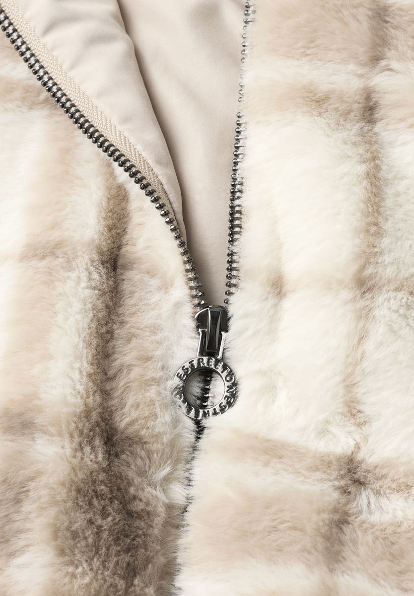 Fake Fur Blouson mit Strickdetails und Print