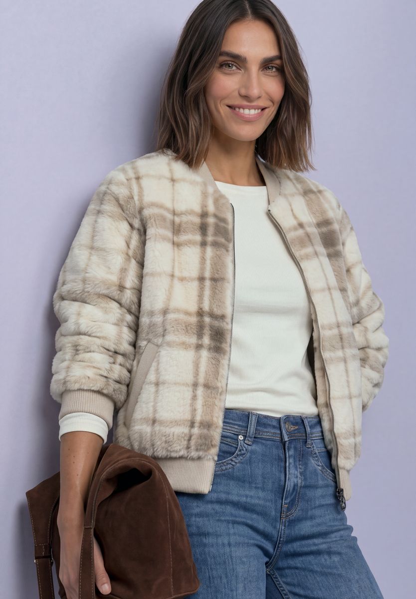 Fake Fur Blouson mit Strickdetails und Print