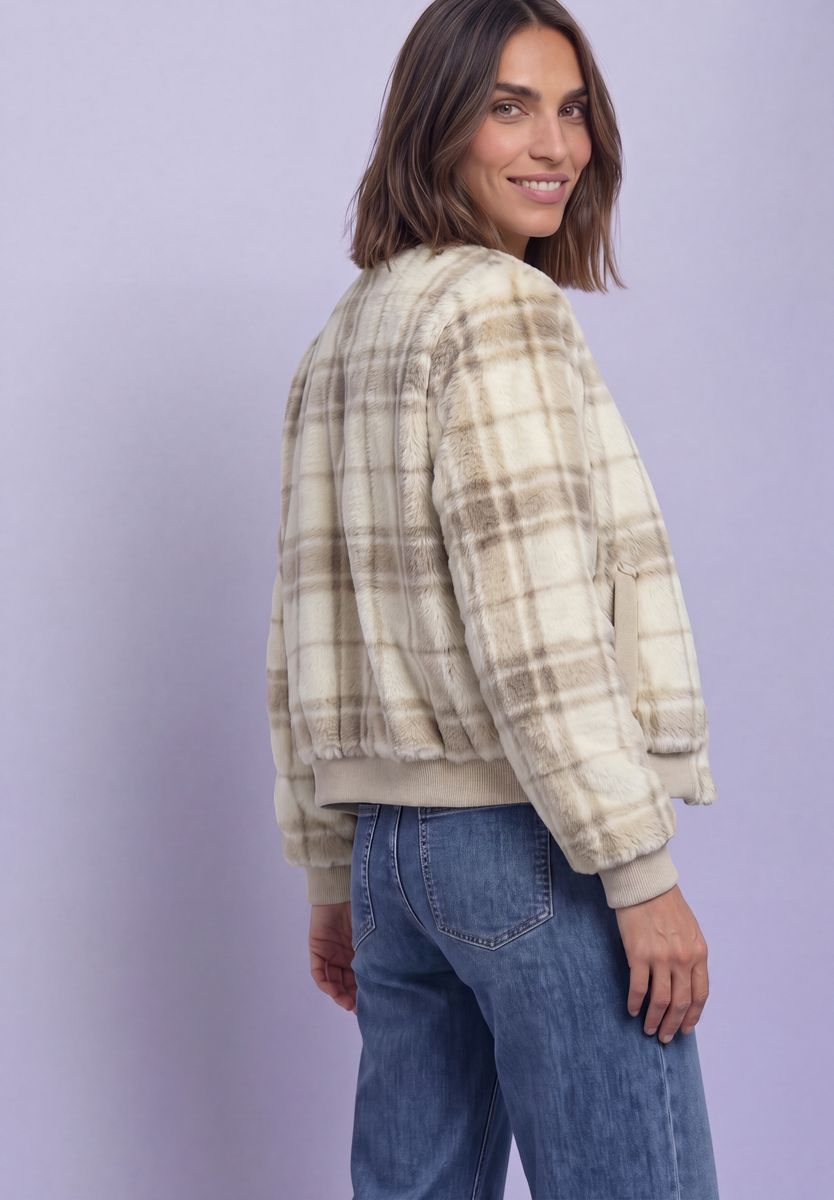 Fake Fur Blouson mit Strickdetails und Print