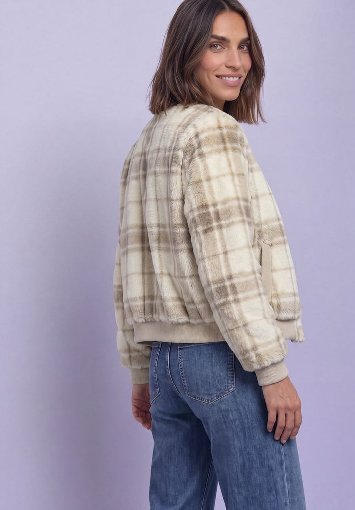 Fake Fur Blouson mit Strickdetails und Print