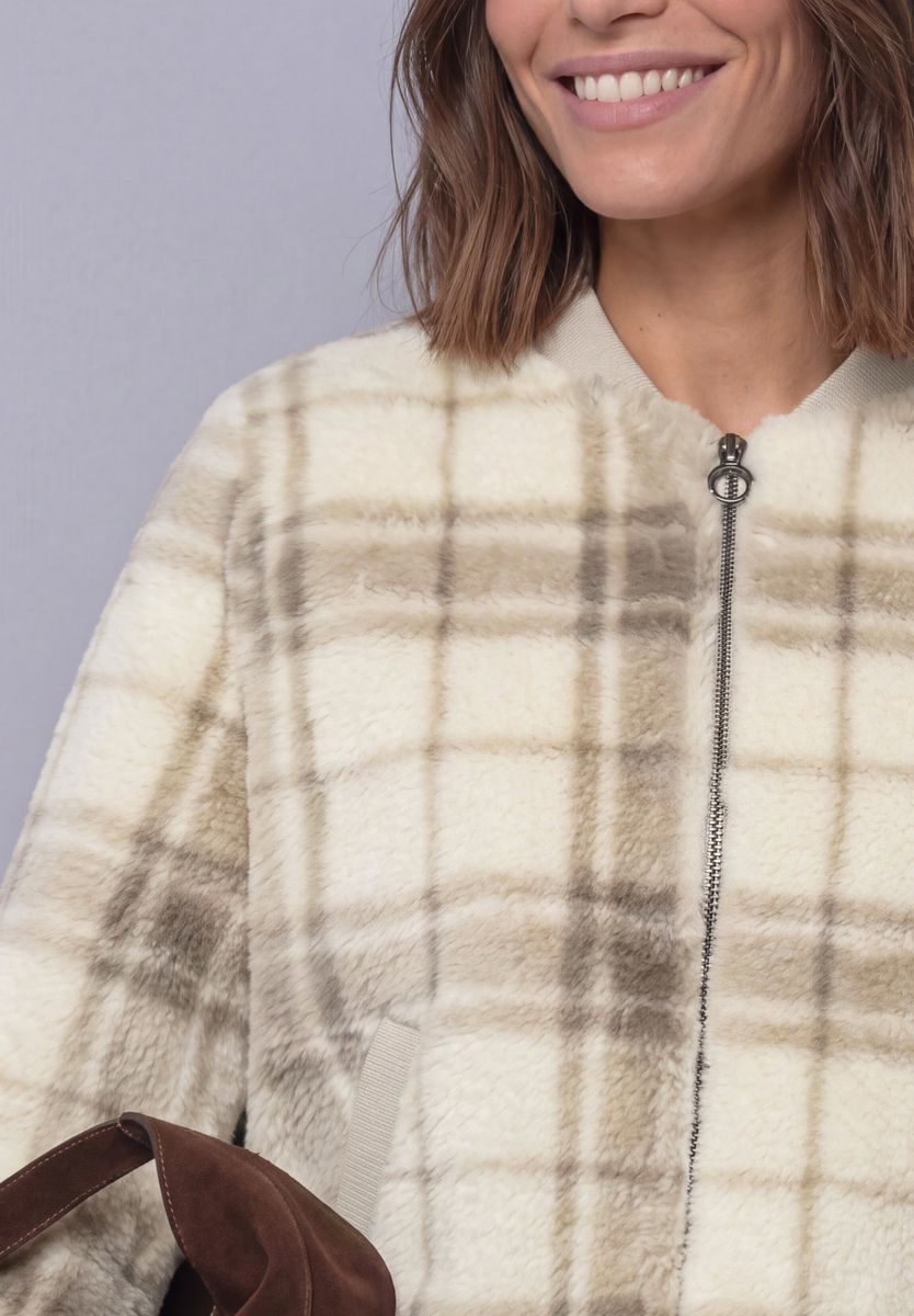 Fake Fur Blouson mit Strickdetails und Print