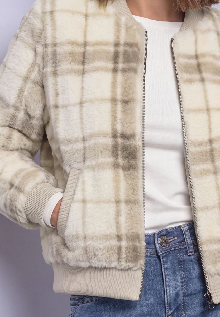 Fake Fur Blouson mit Strickdetails und Print