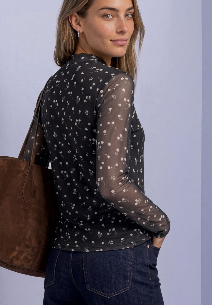 Langarm Mesh-Shirt mit Rundhals und Print
