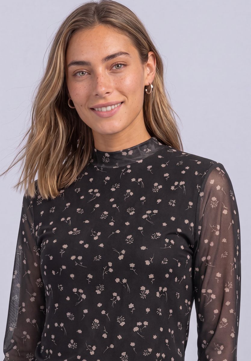 Langarm Mesh-Shirt mit Rundhals und Print