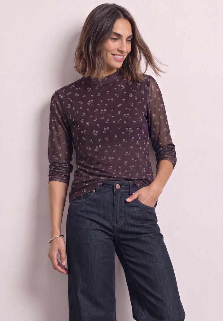 Langarm Mesh-Shirt mit Rundhals und Print