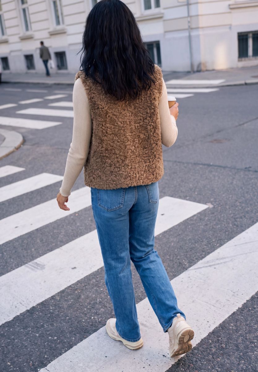 Fake Fur Weste mit Rundhals und Zipper