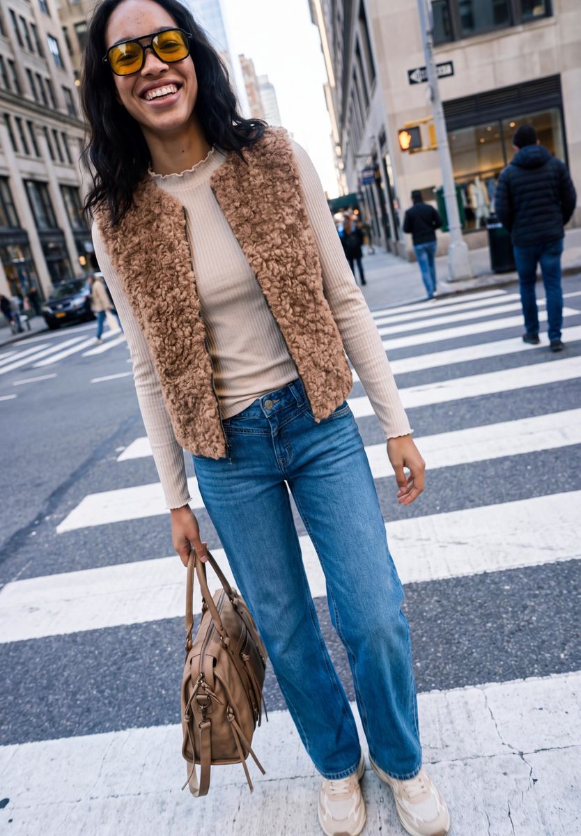 Fake Fur Weste mit Rundhals und Zipper