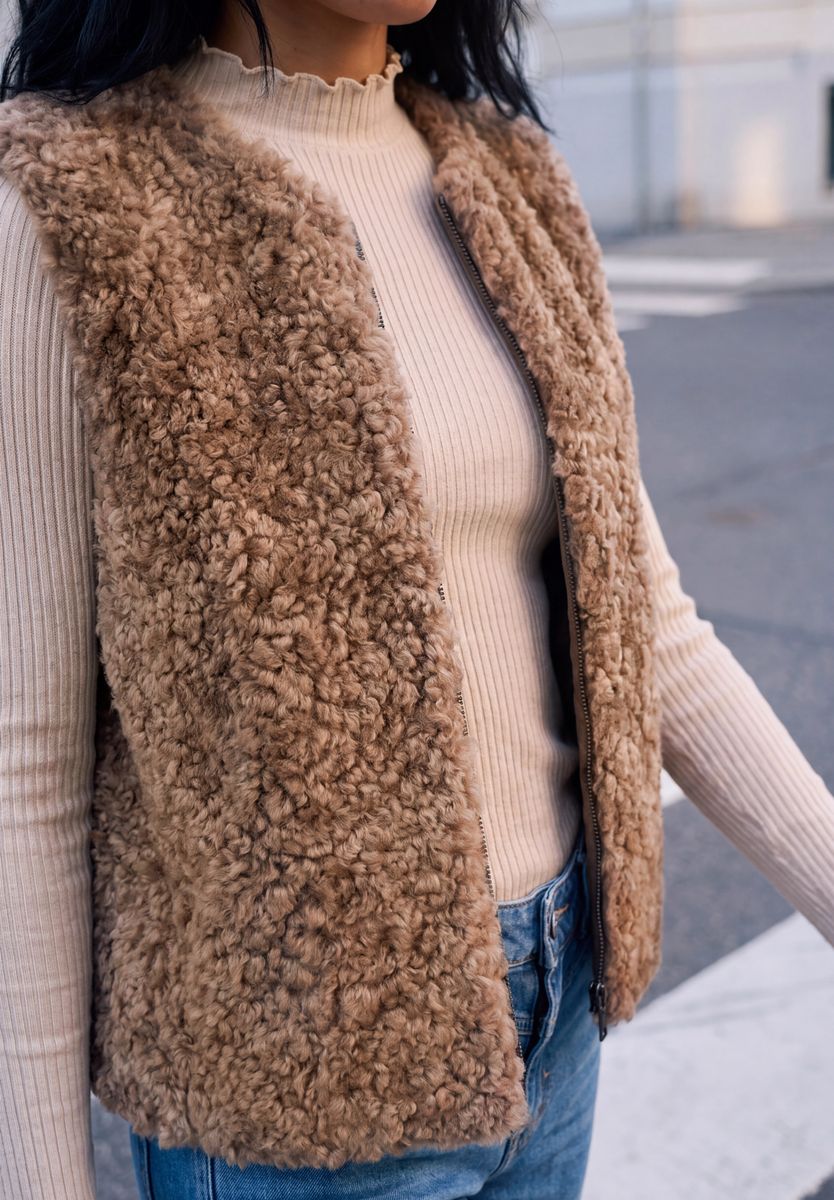 Fake Fur Weste mit Rundhals und Zipper