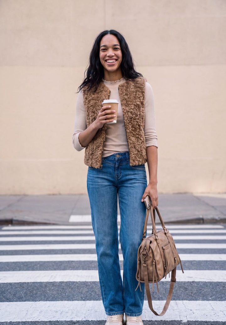 Fake Fur Weste mit Rundhals und Zipper