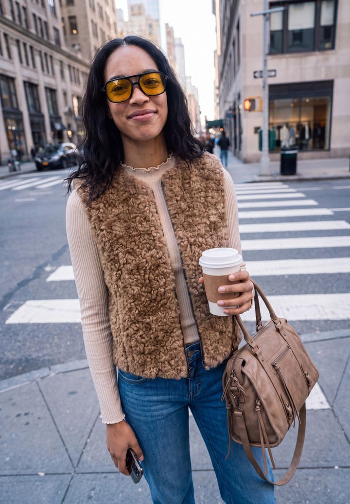 Fake Fur Weste mit Rundhals und Zipper