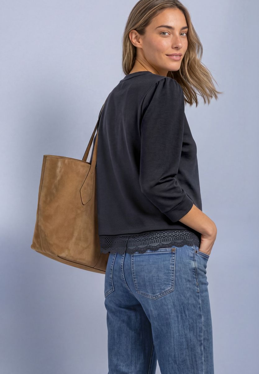 3/4-Arm Shirt mit Spitzenkante am Saum