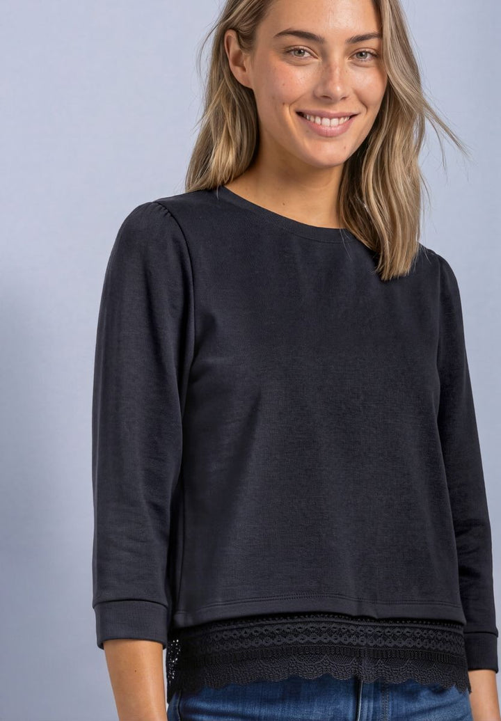 3/4-Arm Shirt mit Spitzenkante am Saum