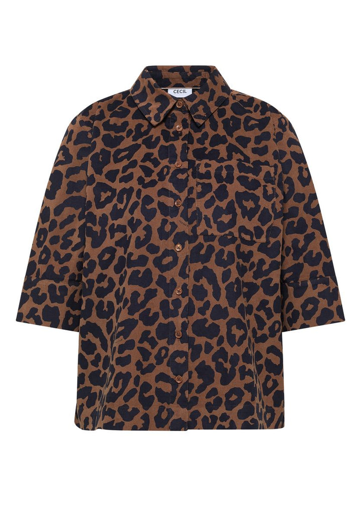 Kurzarm Hemdbluse aus Cord mit Leo-Muster