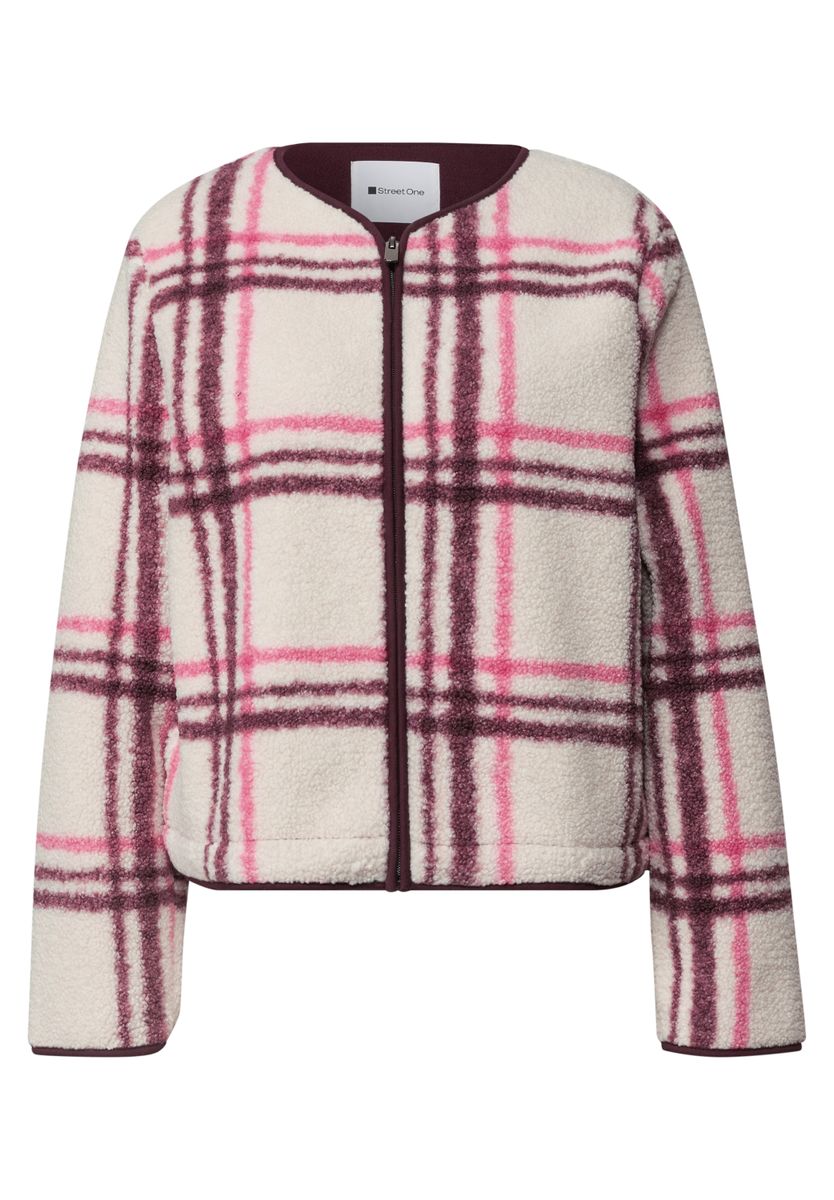 Teddy-Jacke mit Rundhals und Karomuster