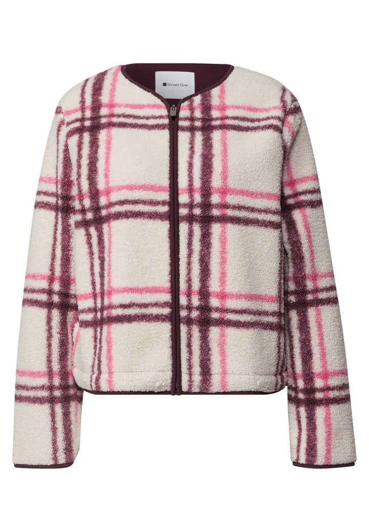 Teddy-Jacke mit Rundhals und Karomuster