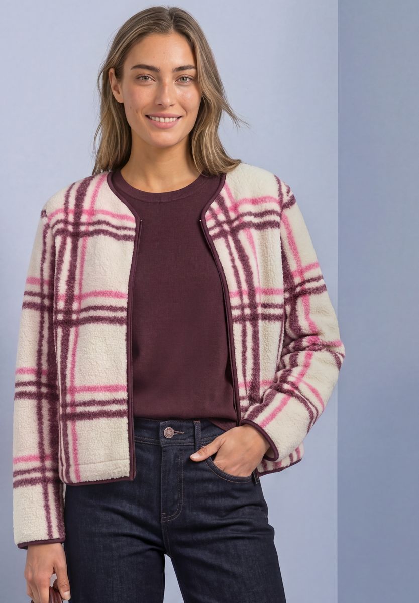 Teddy-Jacke mit Rundhals und Karomuster