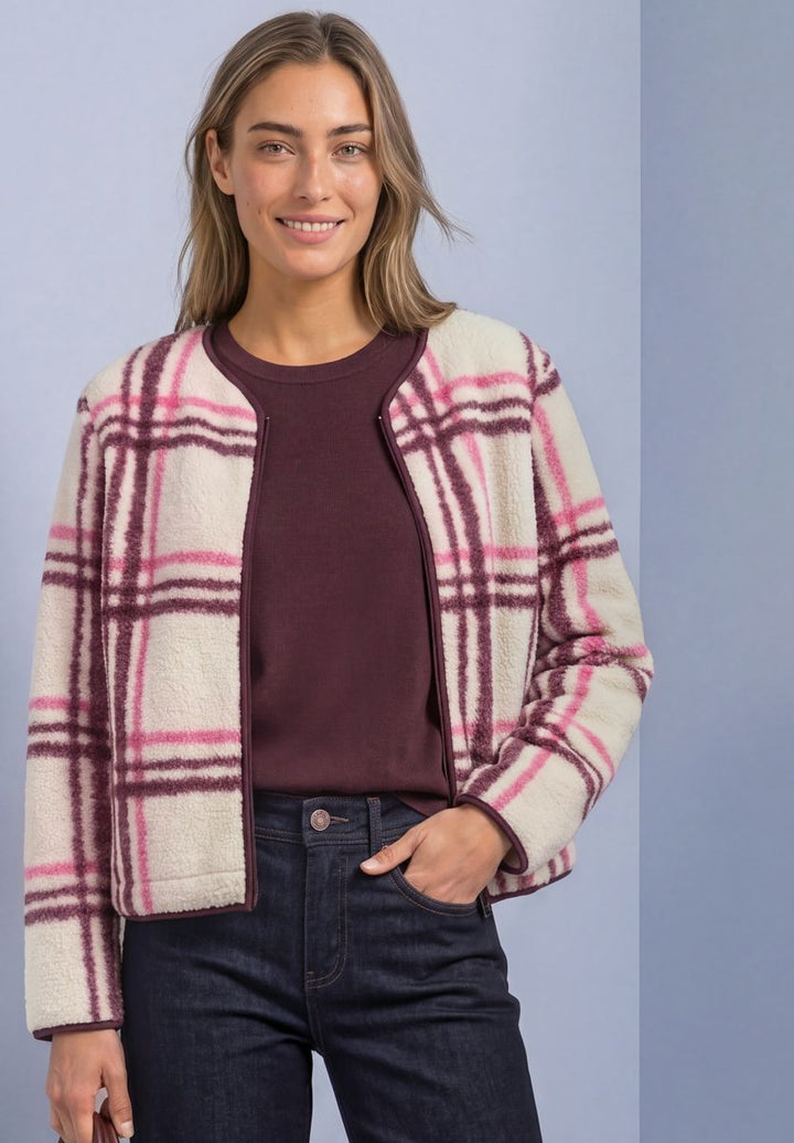 Teddy-Jacke mit Rundhals und Karomuster