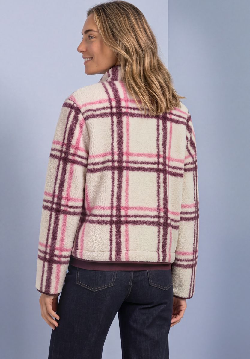 Teddy-Jacke mit Rundhals und Karomuster