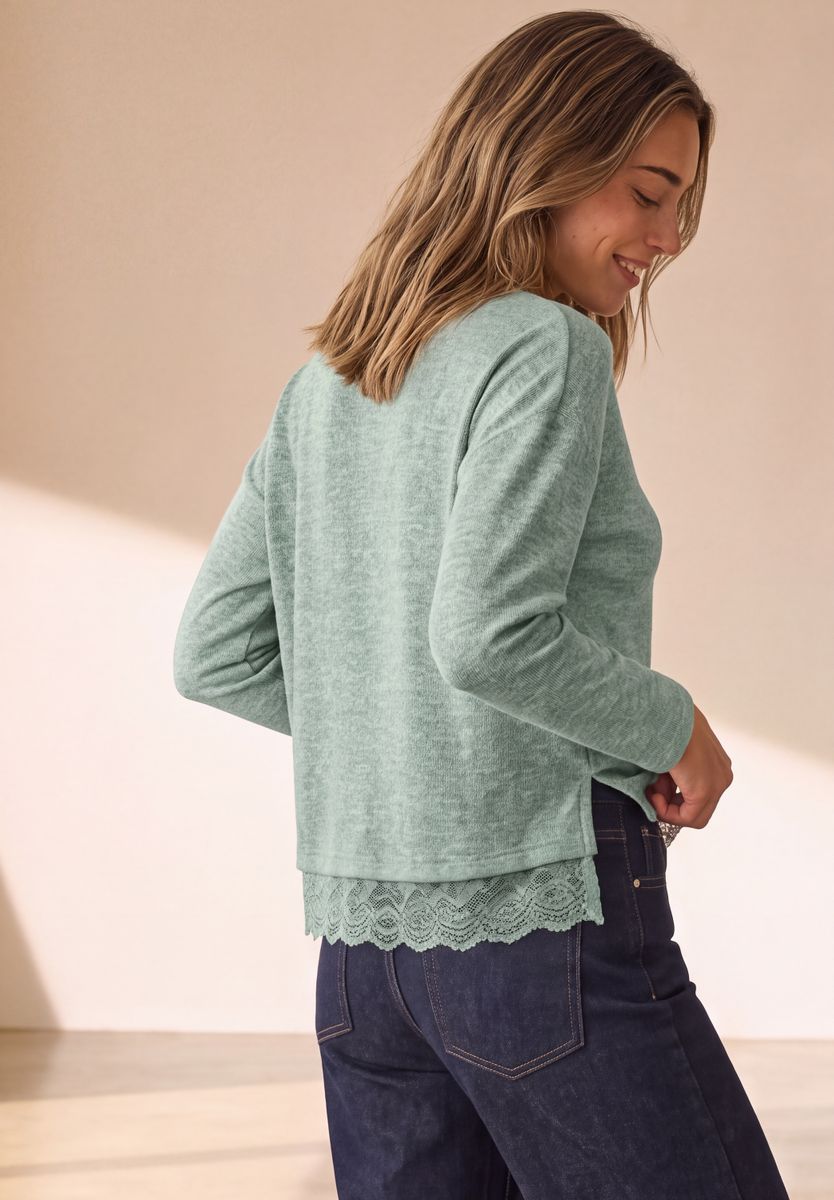 Langarm Shirt mit Rundhals und Spitzenborte