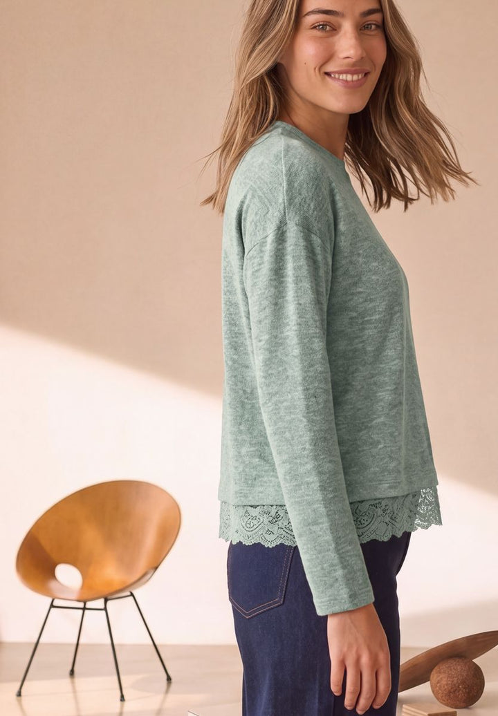 Langarm Shirt mit Rundhals und Spitzenborte