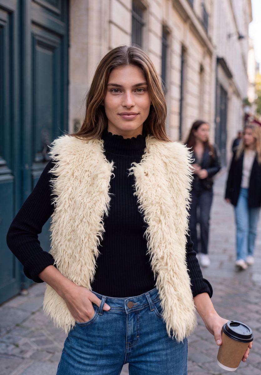 Fake Fur Weste mit Knopfleiste